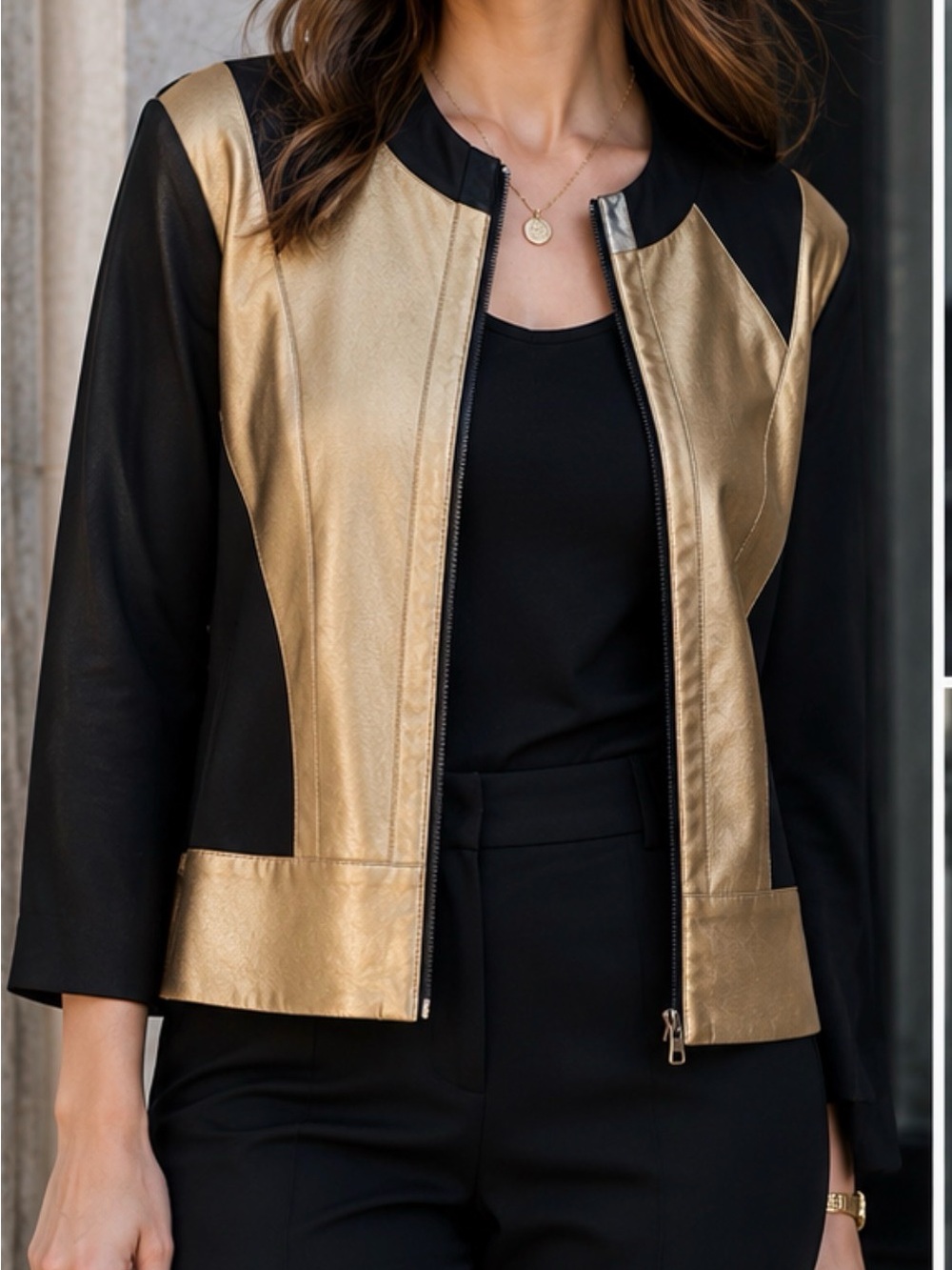 T&W Designs XL Black & Gold Zip Front Jacket Blazer Statement Piece